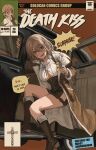  1girl absurdres artist_name blush boots bottle breasts brown_coat brown_eyes brown_skirt car clothing_cutout coat comic_cover cross english_text fang flag_pistol gold_can gun hair_between_eyes high_heel_boots high_heels highres holding holding_gun holding_weapon large_breasts leaning_forward light_brown_hair long_bangs looking_at_viewer medium_hair mole mole_on_breast motor_vehicle open_mouth original overcoat pointing_gun shirt skin_fang skirt speech_bubble suspender_skirt suspenders thighs underboob underboob_cutout weapon white_shirt wine_bottle 