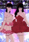  2girls bare_shoulders black_hair breasts brown_eyes cdtxufre chainsaw_man cleavage cosplay dress dual_persona elbow_gloves frilled_thighhighs frills gloves hair_between_eyes highres kirigoe_mima kirigoe_mima_(cosplay) large_breasts mitaka_asa multiple_girls perfect_blue red_dress stage thighhighs twintails white_dress white_gloves yellow_eyes yoru_(chainsaw_man) 