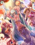  3girls :d arabian_clothes armpits arms_up blue_eyes blue_hair blue_nails breasts brown_eyes brown_hair cleavage commentary_request daidou_(demitasse) hatsune_miku large_breasts long_hair looking_at_viewer megurine_luka meiko_(vocaloid) multiple_girls night night_sky pink_hair revealing_clothes short_hair sky small_breasts smile star_(sky) very_long_hair vocaloid 