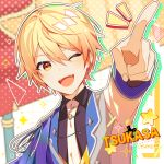  1boy artist_name blonde_hair blurry blurry_background character_name collared_shirt commentary_request index_finger_raised long_sleeves male_focus necktie notice_lines one_eye_closed open_mouth orange_eyes orange_hair pointing project_sekai shirt short_hair solo sparkle teeth tenma_tsukasa upper_body upper_teeth_only yuhi_(hssh_6) 