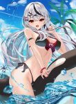  1girl bare_shoulders bikini black_bikini black_hair blush breasts cleavage grey_hair hair_between_eyes hair_ornament hololive inari_(ambercrown) large_breasts long_hair looking_at_viewer multicolored_hair open_mouth outdoors red_eyes sakamata_chloe smile solo streaked_hair swimsuit virtual_youtuber x_hair_ornament 