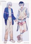  2boys absurdres alternate_costume aqua_hair belt blue_jacket border brothers brown_pants collared_shirt cozmez_(paradox_live) full_body glasses grey_background highres hikakonoe jacket jewelry male_focus multicolored_hair multiple_boys necklace pants paradox_live pink_belt pink_shorts purple_eyes purple_hair shirt shoes shorts siblings sneakers socks sweater_vest twins twitter_username white_border white_footwear white_shirt white_sneakers white_socks yatonokami_kanata yatonokami_nayuta yellow_sweater_vest 