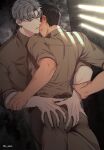  2boys absurdres ass_grab belt black_hair grabbing_another&#039;s_arm highres ilay_riegrow jeong_taeui male_focus multiple_boys o_ssion passion_(manhwa) prison_cell prison_clothes sweatdrop white_hair yaoi 