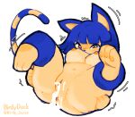  &lt;3 &lt;3_eyes animal_crossing ankha_(animal_crossing) anthro birdyduck blue_eyes blue_hair bodily_fluids cum cum_inside excessive_cum excessive_genital_fluids felid feline female genital_fluids hair hi_res looking_at_viewer mammal nintendo short_stack solo tail thick_thighs yellow_body 