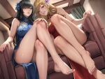  2girls barefoot black_hair blonde_hair blue_dress blue_eyes blue_flower breasts brown_eyes china_dress chinese_clothes commentary_request couch dress feet fingernails flower foot_out_of_frame grin hair_flower hair_ornament indoors knee_up large_breasts legs long_fingernails long_hair looking_at_viewer multiple_girls nail_polish on_couch original parted_lips pink_flower pink_nails red_dress red_nails sadakage sitting sleeveless sleeveless_dress smile swept_bangs thighs toenail_polish toenails toes 