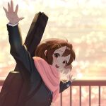  1girl :d absurdres blue_ribbon blurry blurry_background blush bokeh brown_eyes brown_hair commentary depth_of_field guitar_case hair_between_eyes hair_ornament hairclip highres hirasawa_yui instrument_case k-on! long_sleeves neck_ribbon omochiarts open_mouth outdoors outstretched_arms pink_scarf ribbon round_teeth sakuragaoka_high_school_uniform scarf school_uniform shirt short_hair smile solo teeth twitter_username upper_body upper_teeth_only white_shirt winter_clothes 