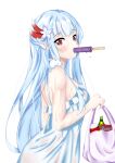  1girl absurdres bag bare_shoulders blue_hair chiyo_setsuna commentary_request dress drink dripping food food_in_mouth grey_hair grocery_bag hair_ornament highres indie_virtual_youtuber long_hair looking_at_viewer partial_commentary plastic_bag pointy_ears popsicle popsicle_in_mouth red_eyes shopping_bag sidelocks simple_background snack sweat sweaty_clothes turning_head virtual_youtuber wet wet_clothes white_background white_hair yumesaki_yumeno 
