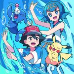  1boy 1girl :d ash_ketchum black_hair blue_eyes blue_hair blue_pants blue_shirt bright_pupils brown_eyes commentary_request green_background hat highres lana_(pokemon) no_sclera open_mouth pants pikachu pokemon pokemon_(anime) pokemon_(creature) pokemon_sm_(anime) popplio red_headwear shirt short_hair short_sleeves sleeveless sleeveless_shirt smile striped striped_shirt sutokame t-shirt tongue white_pupils white_shirt 