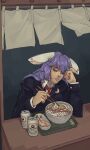  1girl absurdres animal_ears beer_can black_jacket breasts can chopsticks crescent exhausted food harucyon4 highres holding holding_chopsticks jacket necktie noodles pink_hair pink_nails rabbit_ears rabbit_girl red_necktie reisen_udongein_inaba shirt shrimp shrimp_tempura solo suit tempura touhou udon white_shirt 