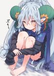  1girl :t barefoot beni_shake black_dress blue_scarf blush brown_eyes closed_mouth commentary_request dress fate/grand_order fate_(series) grey_background grey_hair hair_between_eyes horns hugging_own_legs knees_up larva_tiamat_(fate) long_sleeves looking_at_viewer pout scarf signature sitting sleeves_past_fingers sleeves_past_wrists solo symbol-shaped_pupils tiamat_(fate) translation_request 