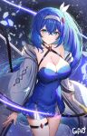  1girl bare_shoulders belt black_choker blue_dress blue_eyes blue_hair breasts brooch choker cleavage closed_mouth commission covered_navel cowboy_shot criss-cross_halter dress gao_kawa hair_between_eyes hair_ribbon hairband halterneck highres holding holding_weapon jacket jewelry large_breasts long_hair long_sleeves looking_at_viewer off_shoulder open_clothes open_jacket original ribbon short_dress side_ponytail sleeveless sleeveless_dress smile snow snowflakes solo spaghetti_strap standing thigh_strap thighs very_long_hair weapon white_jacket 