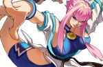  1girl blue_eyes breasts dougi highres hime_cut hip_vent large_breasts leg_up manon_(street_fighter) martial_arts_belt mega_mochio pink_hair sideboob sideboob_cutout standing standing_on_one_leg street_fighter street_fighter_6 white_background wristband 