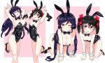  2girls all_fours animal_ears bare_arms bare_legs bare_shoulders black_bow black_bowtie black_hair black_leotard bow bowtie breasts commentary detached_collar fake_animal_ears green_eyes highres kurokawa_makoto large_breasts leotard long_hair looking_at_viewer love_live! love_live!_school_idol_project low_twintails multiple_girls one_eye_closed pink_background pink_scrunchie playboy_bunny purple_hair rabbit_ears red_eyes scrunchie simple_background small_breasts smile toujou_nozomi twintails two-tone_background white_background wrist_cuffs yazawa_nico 
