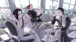  3boys alternate_costume black_hair board_game chair chess chrollo_lucilfer earrings elbow_rest empty_eyes enyalee facial_mark feet_out_of_frame gon_freecss hair_slicked_back highres hisoka_morow hunter_x_hunter illumi_zoldyck jewelry killua_zoldyck kurapika leorio_paladiknight long_hair male_focus merchandise multiple_boys necktie red_hair short_hair sitting sleeveless symbolism window 