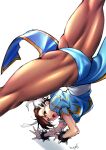  1girl absurdres ass bangle blue_dress bracelet breasts brown_eyes brown_hair brown_pantyhose bun_cover china_dress chinese_clothes chun-li double_bun dress feet_out_of_frame hair_between_eyes hair_bun highres jewelry looking_at_viewer medium_breasts muscular muscular_female open_mouth pantyhose puffy_short_sleeves puffy_sleeves short_sleeves shouting signature solo spiked_bracelet spikes spinning_bird_kick street_fighter strikebeagle swept_bangs thighs upskirt white_background 