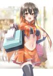  1girl absurdres bag black_hair black_thighhighs blurry blurry_background breasts capelet cowboy_shot earrings highres holding holding_bag jewelry kuroi_mimei long_hair medium_breasts midriff monero-chan multicolored_hair navel open_mouth orange_capelet orange_eyes orange_hair orange_skirt original skirt smile solo thighhighs two-tone_hair very_long_hair 