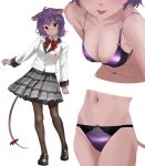  1girl absurdres animal_ears black_pantyhose blush bow bra breasts closed_mouth facial_mark highres indie_virtual_youtuber jacket long_sleeves medium_breasts mouse_ears mouse_girl mouse_tail multiple_views navel panties pantyhose pleated_skirt purple_bra purple_panties satin_bra satin_panties shoes short_hair simple_background skirt stomach tail tail_bow tail_ornament tama_(tamago) tongue tongue_out underwear uniform virtual_youtuber whisker_markings white_background white_jacket yatra_(vtuber) 