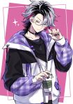  1boy black_shirt fuwa_minato highres makeup male_focus multicolored_hair nijisanji purple_eyes purple_hair shirt short_hair solo tukimusubi virtual_youtuber 