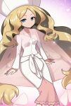  1girl blonde_hair blue_eyes butterfly_hair_ornament caitlin_(pokemon) cape closed_mouth commentary dress hair_ornament hat highres long_hair long_sleeves looking_at_viewer parted_bangs pink_cape pokemon pokemon_(game) pokemon_bw see-through_cape sidelocks solo very_long_hair wavy_hair white_dress white_headwear yuihico 