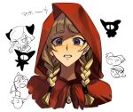  3boys 3girls ace_attorney blonde_hair blunt_bangs braid brown_eyes character_request clenched_teeth cloak cropped_shoulders darklaw_(professor_layton_vs_phoenix_wright) doodle_inset espella_cantabella hershel_layton hood hood_up hooded_cloak kaburiburi luke_triton maya_fey medium_hair multiple_boys multiple_girls phoenix_wright portrait professor_layton professor_layton_vs._phoenix_wright:_ace_attorney red_cloak solo_focus straight-on teeth twin_braids white_background worried 