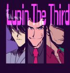  3boys absurdres arsene_lupin_iii bacchus_lpiii bags_under_eyes black_hair blue_eyes cheekbones chest_hair chromatic_aberration closed_mouth collared_shirt copyright_name highres ishikawa_goemon_xiii jigen_daisuke long_sideburns looking_at_viewer looking_to_the_side lupin_iii male_focus multiple_boys necktie purple_background purple_shirt red_necktie red_shirt shirt short_hair sideburns simple_background smile 
