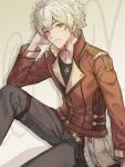  1boy atelier_(series) atelier_escha_&amp;_logy bag black_shirt closed_mouth commentary_request grey_pants hand_up high_collar highres jacket jewelry logix_ficsario long_sleeves looking_at_viewer male_focus necklace pants red_jacket shirt short_hair sitting solo white_hair yellow_background yellow_eyes yuri_yone 