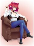  alternate_costume black_footwear blue_pants breasts chair cleavage_cutout clothing_cutout collared_shirt commentary commission contemporary crossed_legs english_commentary full_body hair_bobbles hair_ornament high_heels highres joeboto large_breasts long_sleeves looking_at_viewer onozuka_komachi pants pink_background red_eyes shirt sitting touhou twitter_username two_side_up white_shirt 