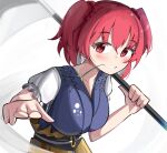  1girl breasts bright_pupils commentary flower_in_mouth hair_bobbles hair_ornament holding holding_scythe looking_at_viewer onozuka_komachi red_eyes red_hair scythe short_sleeves simple_background smile solo spam_(spamham4506) touhou two_side_up upper_body white_background white_pupils 