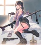  1girl black_footwear black_skirt black_socks brown_hair cracked_screen daito explosive gun handgun highres machine_gun mg34 mine_(weapon) on_bed original phone purple_sweater school_uniform sitting skirt socks solo steyr_gb stuffed_animal stuffed_toy sweater teddy_bear thighhighs weapon 