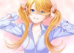  1girl blonde_hair blue_eyes breasts cleavage collarbone collared_shirt commentary_request eyes_visible_through_hair grin hair_over_one_eye highres holding holding_hair medium_breasts original shirt smile solo toiro_gawon twintails upper_body 