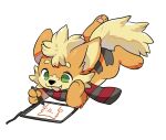  2023 3_fingers 3_toes aishasoup black_nose cheek_tuft cute_fangs drawing facial_tuft feet feral fingers fur generation_1_pokemon green_eyes growlithe hand_on_cheek hi_res inner_ear_fluff lying male nintendo nose_tuft open_mouth orange_body orange_fur pawpads paws pokemon pokemon_(species) scarf simple_background sketch solo tablet tablet_pen tan_body tan_fur tanashi toes tuft white_background 
