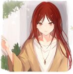  1girl brown_jacket collarbone jacket jewelry long_hair lpip original parted_bangs parted_lips pendant red_eyes red_hair shirt solo upper_body very_long_hair white_shirt 