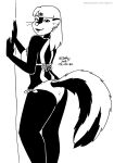  2018 anthro bikini breasts clothed clothing ear_piercing ear_ring female fur hair kelly_o&#039;dor looking_at_viewer looking_back mammal mephitid monochrome open_mouth piercing pinup pose ring_piercing skunk solo swimwear tail tegerio whiskers zandar&#039;s_saga 