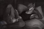  anthro balls bed bottomless canid canine canis clothed clothing duo fox furniture genitals greyscale hair itreyu knot lying male male/male mammal monochrome on_back penis pillow shirt short_hair tank_top topwear tuxedowolfo wolf 