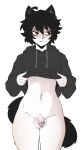  absurd_res animal_humanoid balls black_clothing black_hair black_hoodie black_topwear blush blush_lines bottomless bro_aniki cat_humanoid clothed clothing doomer_(bro_aniki) felid felid_humanoid feline feline_humanoid fingers flaccid genital_raphe genitals girly glans hair hi_res hoodie hoodie_only humanoid humanoid_genitalia humanoid_penis male mammal mammal_humanoid navel penis raised_clothing raised_hoodie raised_topwear raphe_(anatomy) scrotal_raphe simple_background small_penis solo tail topwear topwear_only white_background 