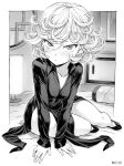  1girl :o arm_support blush curly_hair dress full_body greyscale highres indoors looking_at_viewer mogudan monochrome one-punch_man open_mouth short_hair sitting solo tatsumaki 