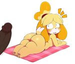  animal_crossing anthro being_watched big_butt blonde_hair blush bodily_fluids breasts brown_hair butt canid canine canis cutaway dark_body dark_skin domestic_dog duo edit erection female female_focus floppy_ears genitals hair hi_res human human_on_anthro imminent_sex interspecies isabelle_(animal_crossing) looking_at_another lying male male/female mammal nervous nintendo nude offscreen_character on_front penis shih_tzu side_boob simple_background smile solo_focus speech_bubble sssonic2 sweat towel toy_dog 