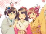  3girls ;d blush flower fur-trimmed_kimono fur_trim hair_flower hair_ornament hands_on_another&#039;s_shoulders highres honda_mio idolmaster idolmaster_cinderella_girls interlocked_fingers japanese_clothes kimono looking_at_viewer multiple_girls new_generations_(idolmaster) nishimura_(nianiamu) one_eye_closed outstretched_arm own_hands_together patterned_background shibuya_rin shimamura_uzuki smile upper_body yukata 