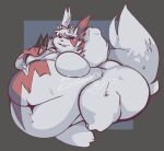  2023 anthro belly big_belly biped breasts cirronaja digital_media_(artwork) female generation_3_pokemon hi_res hyper hyper_belly navel nintendo nude overweight overweight_anthro overweight_female pokemon pokemon_(species) simple_background smile solo thick_thighs wide_hips zangoose 