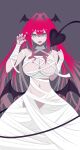  1girl bandages baobhan_sith_(fate) bare_shoulders breasts claw_pose cleavage demon_girl demon_tail fangs fate/grand_order fate_(series) grey_background grey_eyes halloween hand_up head_wings highres iii_(pixiv27971399) looking_at_viewer low_wings mummy_costume nail_polish navel open_mouth pink_hair pointy_ears red_nails solo tail wings 