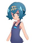  1girl animal_print bare_arms blue_eyes blue_hair bright_pupils collarbone commentary_request fish_print freckles hairband lana_(pokemon) mizu_majuu_(waterman10) no_sclera one-piece_swimsuit parted_lips pokemon pokemon_(game) pokemon_sm short_hair simple_background solo swimsuit upper_body white_background white_pupils yellow_hairband 