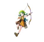  1girl aged_down aiming bandana black_gloves bow_(weapon) braid brown_footwear fingerless_gloves fire_emblem fire_emblem:_the_blazing_blade fire_emblem_heroes gloves green_eyes official_alternate_costume official_art pleated_skirt quiver rebecca_(fire_emblem) skirt smile solo twintails v-shaped_eyebrows weapon yellow_bandana 