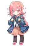  1girl backpack bag black_jacket black_shirt black_thighhighs brown_skirt commentary_request danganronpa_(series) danganronpa_2:_goodbye_despair dress_shirt galaga hair_ornament highres hood hooded_jacket jacket looking_at_viewer medium_hair miniskirt nanami_chiaki neck_ribbon pink_bag pink_eyes pink_footwear pink_ribbon pleated_skirt ribbon shirocha_tei shirt shoes skirt solo sparkle thighhighs white_background white_shirt 