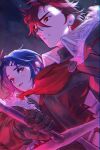 2boys alcryst_(fire_emblem) armor blue_hair brothers diamant_(fire_emblem) faithom fire_emblem fire_emblem_engage fur_trim gloves hair_ornament hairclip high_collar highres holding holding_sword holding_weapon looking_at_another looking_to_the_side multiple_boys open_mouth red_eyes red_hair short_hair siblings sword weapon 