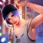  1girl beanie black_bra black_headwear blue_eyes blue_hair blue_nails bra bra_strap chloe_price dzikawa hat highres indoors life_is_strange looking_at_viewer short_hair solo tank_top underwear upper_body white_tank_top 