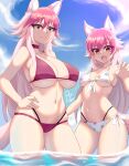  2girls absurdres alternate_breast_size animal_ear_fluff animal_ears bikini bow breasts claw_pose drogo_doggo gradient_hair hands_on_own_stomach highres large_breasts medium_breasts multicolored_hair multiple_girls murenase!_shiiton_gakuen okami_feriru okami_ranka orange_eyes pink_bikini siblings sisters swimsuit tail white_bikini wolf_ears wolf_girl wolf_tail 