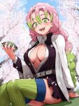  1girl :d belt blue_sky braid breasts cleavage day demon_slayer_uniform food gradient_hair green_hair green_thighhighs haori highres holding holding_food hylran0427 japanese_clothes kanroji_mitsuri kimetsu_no_yaiba large_breasts long_hair looking_at_viewer mole mole_under_eye multicolored_hair multiple_braids open_mouth outdoors partially_unbuttoned pink_hair ribbed_legwear ribbed_thighhighs sitting sky smile solo thighhighs tree tri_braids white_belt 