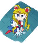  1girl absurdres arm_support artist_logo bishoujo_senshi_sailor_moon blonde_hair blue_eyes blue_sailor_collar blue_skirt boots bow bowtie chibi commentary crescent crescent_earrings crying dated derivative_work double_bun earrings elbow_gloves english_commentary fauxsquared floor from_above full_body gloves hair_bun highres jewelry long_hair meme miniskirt on_floor red_bow red_bowtie red_footwear sailor_collar sailor_moon sailor_moon_redraw_challenge_(meme) sailor_senshi sailor_senshi_uniform screencap_redraw sitting skirt solo tiara tile_floor tiles tsukino_usagi twintails white_gloves 