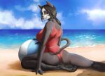 2021 absurd_res aib_leyley anthro ball beach beach_ball bent_leg big_breasts big_butt black_nose black_pawpads blue_sky breasts butt clothing cloud day detailed_background digital_media_(artwork) digital_painting_(artwork) domestic_cat felid feline felis female fur furgonomics grey_body grey_eyes grey_fur grey_hair hair hi_res holding_beach_ball horizon inflatable looking_at_viewer looking_back mammal one-piece_swimsuit outside pawpads plantigrade rear_view red_one-piece_swimsuit sand seaside side_boob sitting sky smile solo swimwear tail tail_aside water wave white_face 