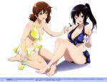  2girls ;d absurdres alternate_hairstyle bare_arms bare_legs bikini bikini_skirt black_bikini black_hair bottle bow bow_bikini breasts brown_hair chocolate collarbone crossed_legs floral_print food frilled_bikini frills hair_between_eyes hand_on_another&#039;s_hand hibike!_euphonium highres holding holding_bottle holding_food holding_ice_cream ice_cream ice_cream_cup kousaka_reina large_breasts leaning_forward light_blush long_hair looking_at_another looking_at_viewer low_twintails medium_breasts medium_hair megami_magazine midriff multiple_girls navel official_art one_eye_closed open_mouth orange_hair oumae_kumiko ponytail purple_eyes reaching scan sezaki_rie sidelocks sitting smile spoon swimsuit thighs twintails wariza wavy_hair wet white_background white_bikini 